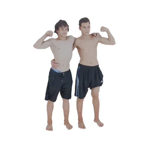 3D model of two young men standing together, both flexing their biceps with arms raised.