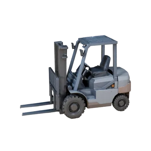 Warehouse Forklift Low Poly 3D model, game viewport three-quarter view, showing painted steel, form detail.