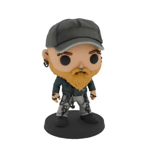 3D-Modell einer Punk Rocker Funko Pop Vinyl Figur mit Bart, flacher Kappe und frecher Kleidung, stehend auf einer schwarzen B