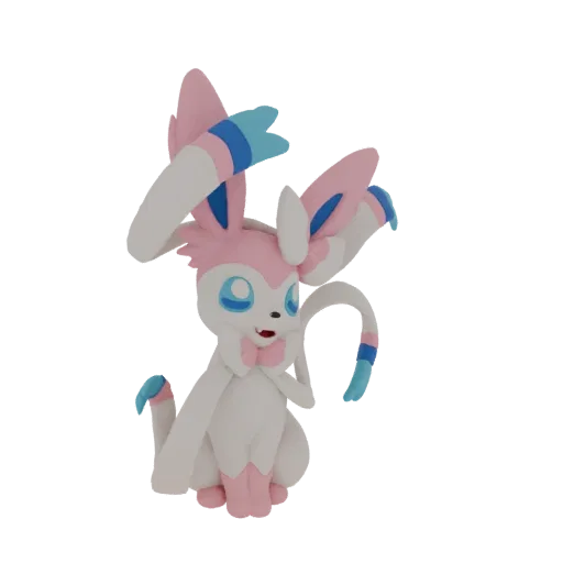 A 3D render of a Sylveon Pokémon character, sculpted to look like a pink and white clay figurine with blue accents.