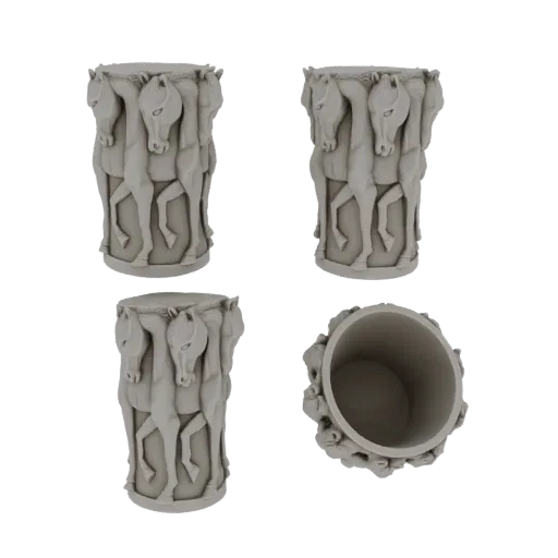3D model render of a light gray cylinder vase decorated with a repeating relief of horse heads.