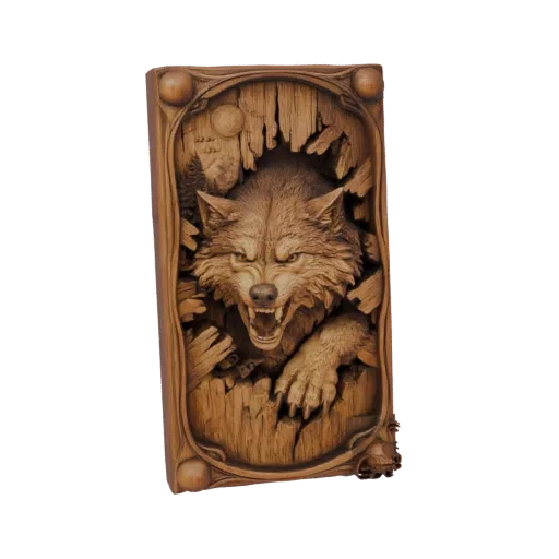 Modelo 3D de um lobo feroz com presas e garras expostas quebrando uma superfície de madeira, renderizado em estilo realista.