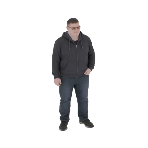 3D model of a man wearing a dark grey hoodie and blue jeans, standing with one hand in his pocket.