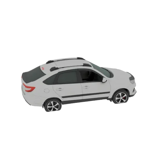 3D model of a white sedan with black roof rails, viewed from a three-quarter angle.