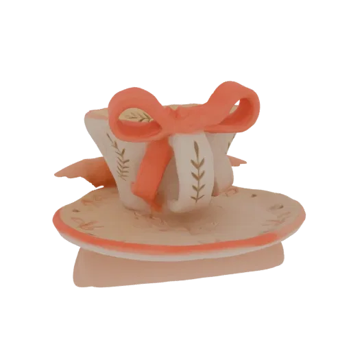 3D model of a white teacup and saucer with a coral bow and gold leaf pattern, set against a white background.