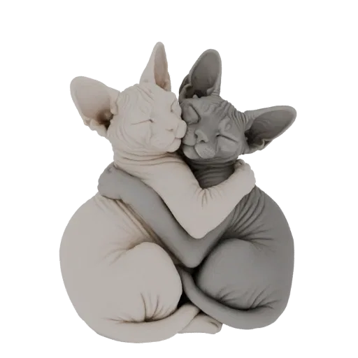 3D model of two Sphynx cats, one cream and one grey, hugging each other with closed eyes, symbolizing love and companionship.