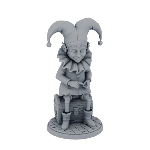 3D model of a jester with a ruffled collar and bells on its hat, sitting on a treasure chest, on a cobblestone base.