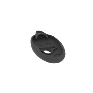 Modelo 3D de um pingente oval cinza escuro com uma argola no topo, isolado em um fundo branco.