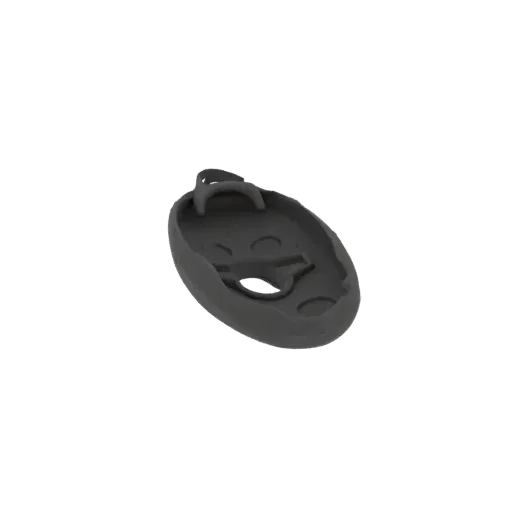Modèle 3D d'un pendentif ovale gris foncé avec une boucle en haut, isolé sur fond blanc.
