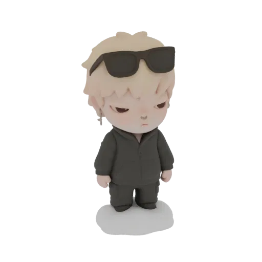 Modèle 3D d'une jeune personne stylisée avec des cheveux blonds, des lunettes de soleil et un sweat à capuche sombre, debout