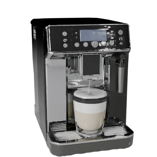 Smart Coffee Machine Realistic 3D model, dining room, three-quarter studio render, plastic detail.
