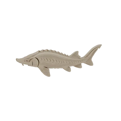 3D model of a sturgeon fish with a layered, carved appearance, shown against a white background.