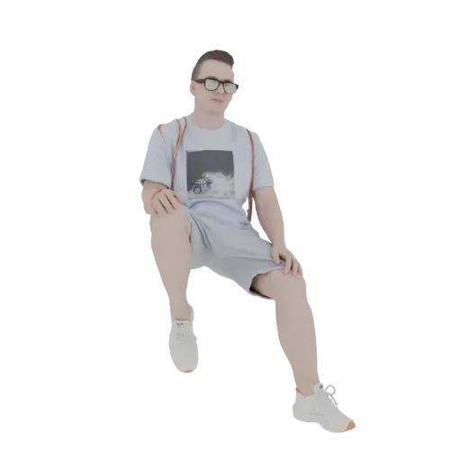 3D-Modell eines jungen Mannes mit Brille, T-Shirt, Shorts und Rucksack, sitzend.