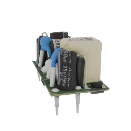 3D model of an electronic power module with capacitors, inductors, and circuit board details