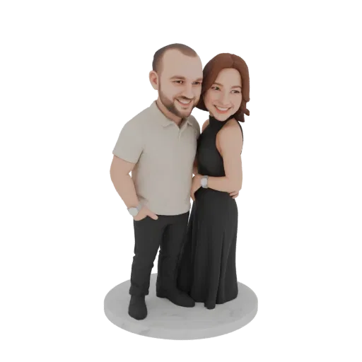 3D model of a smiling couple, a man in a polo shirt and a woman in a black dress, standing together on a marble base.