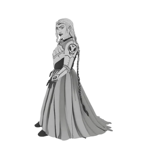 Grayscale 3D model of a fantasy warrior woman with braided hair, skull armor, and a long flowing skirt, viewed from the side.