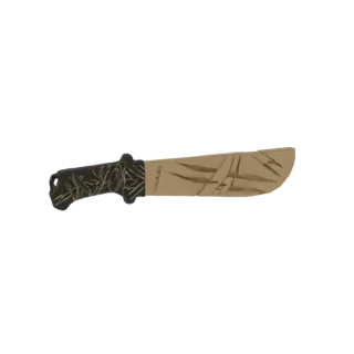 3D model of a machete with a curved blade featuring bamboo leaf engravings and a black textured handle.