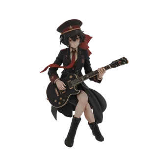 3D model of an anime girl in a military uniform, seated and playing a black electric guitar with red eyes.