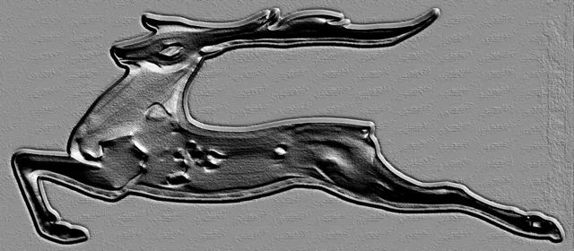 3D-Modell eines Hirsch-Basreliefs im Gravur-Stil, das das Tier im Sprung mit detaillierter Textur darstellt.