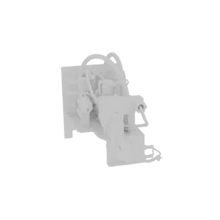 Modello 3D di un assemblaggio di attuatore pneumatico industriale con tubazioni e valvole dettagliate, presentato su sfondo b