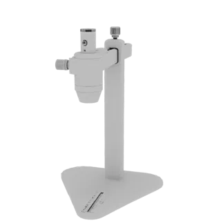 A white 3D model of a microscope stand with an adjustable arm and a triangular base, presented against a white background.