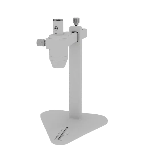 A white 3D model of a microscope stand with an adjustable arm and a triangular base, presented against a white background.