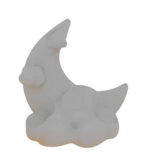 A 3D render of a white crescent moon resting on a base of white clouds, designed as a holder.