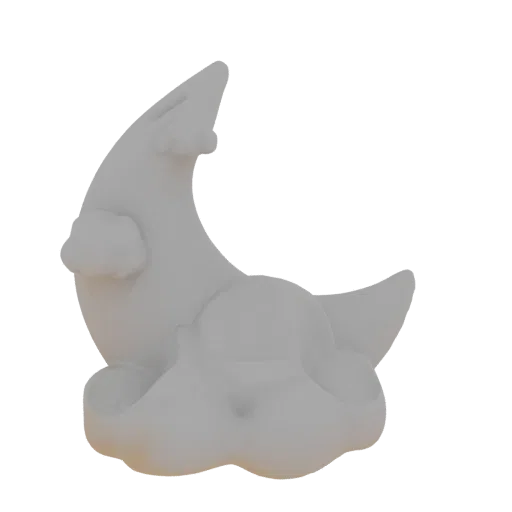 Uma renderização 3D de uma lua crescente branca sobre uma base de nuvens brancas, projetada como suporte.