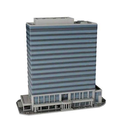 Prédio de escritório de vidro Blender-ready 3D model, vista de renderização de estúdio Blender, mostrando materiais de prédio