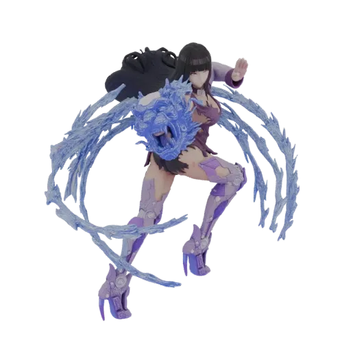 3D model of a female ice sorceress in a dynamic pose, surrounded by swirling blue ice energy and wearing detailed purple and