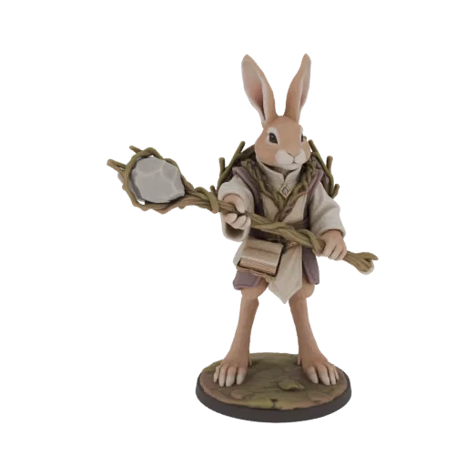 3D model of an anthropomorphic rabbit druid holding a staff, wearing robes and a satchel, standing on a textured base.