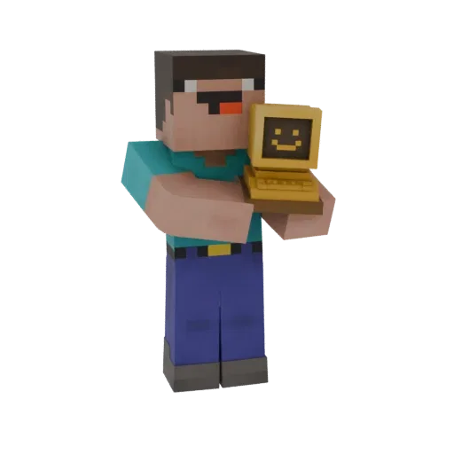 3D model of Minecraft Steve character in his classic blocky style, holding a golden retro computer with a smiley face on the