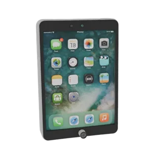 3D model of an Apple-style tablet with a screen displaying app icons, on a black background