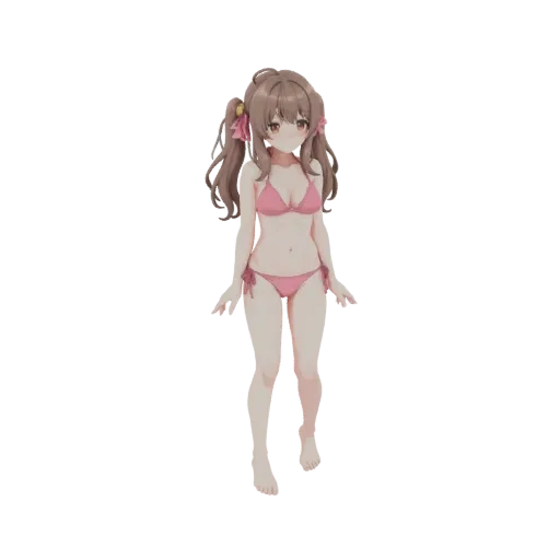 Modello 3D ragazza anime con codini castani e bikini rosa, in piedi e rivolta in avanti.