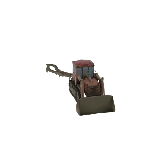 Modèle 3D d'une pelle hydraulique rétro rouge et marron avec une défonceuse et un godet, présenté sur fond blanc.