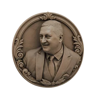 Modelo 3D de un retrato en relieve de bronce de un hombre sonriente con traje, dentro de un marco circular ornamentado con mo