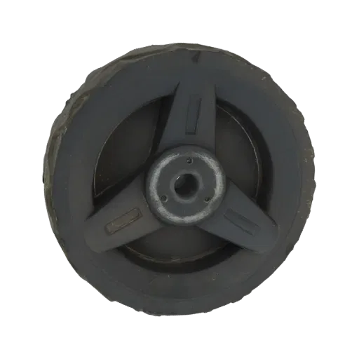 A 3D model of a textured black lawn mower wheel with a three-spoke hub, viewed from above.