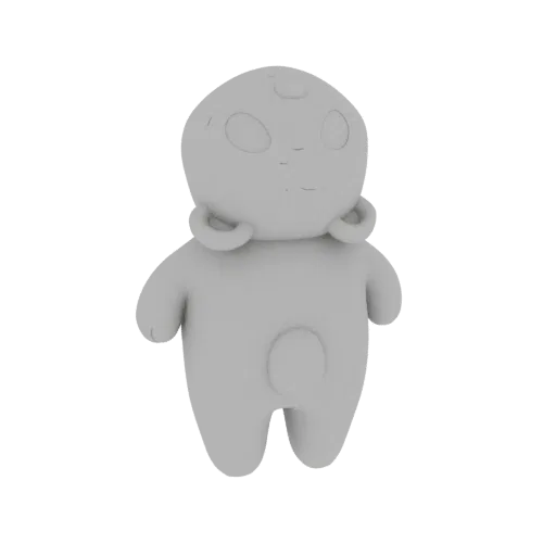 A 3D render of a cute, gray alien creature with large eyes, rounded body, and small ear-like appendages, standing against a w