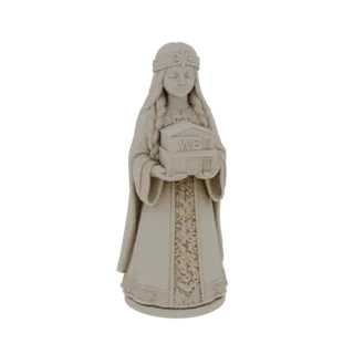 3D model of an elegant woman in a flowing robe and headband, holding a miniature building with 'WB' on its facade.