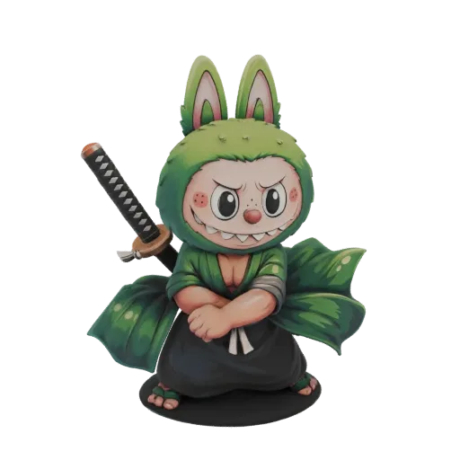 3D model of a Chibi Zoro Bunny character with green leafy kimono and a katana on its back, posed with arms crossed.