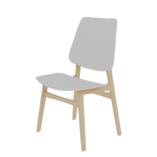 Un modelo 3D de una silla de comedor moderna con estructura de madera clara y asiento y respaldo de plástico blanco, vista en