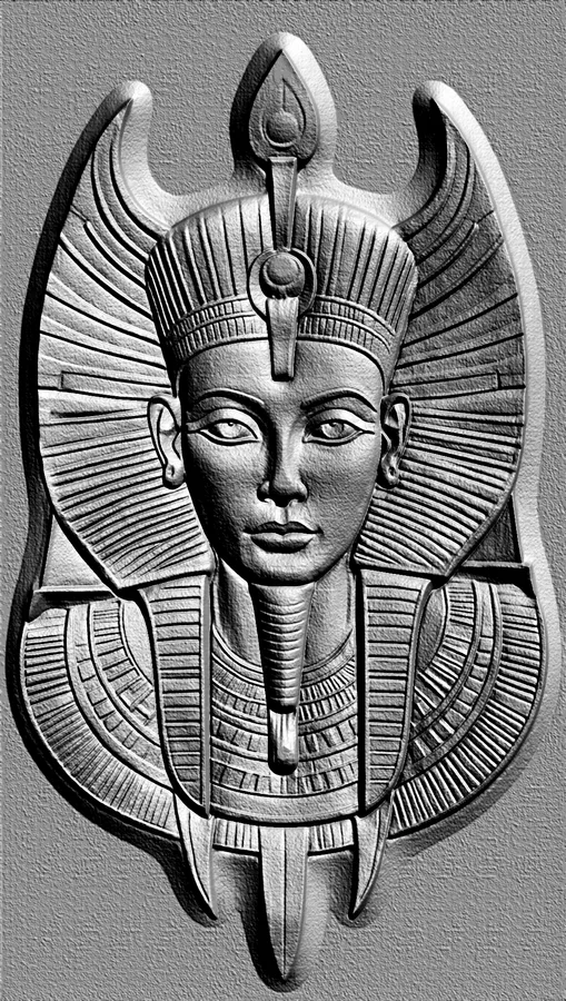 3D model of ancient Egyptian Queen Nefertiti bas-relief with a detailed face and stylized wings.