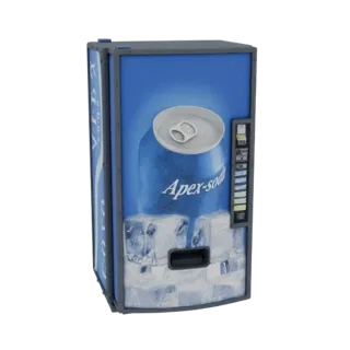 Ein 3D-Rendering eines Vintage Apex Soda Verkaufsautomaten mit blauer Vorderseite, großer Getränkedose und Eiswürfel-Grafiken