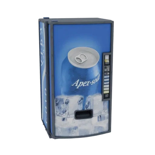 A 3D render of a vintage Apex Soda vending machine with a blue front featuring a large soda can and ice cube graphics, and a