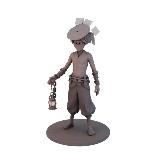 3D model of fantasy character in mask with lantern, standing on platform
