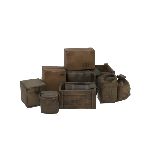 موديل ثلاثي الأبعاد لمكدس بضائع عتيقة، بما في ذلك صناديق كرتونية، وصندوق خشبي، وحقائب قماشية، على خلفية بيضاء.