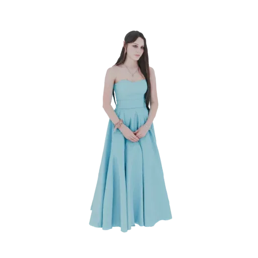3D model of a woman wearing an elegant, strapless, floor-length blue gown with delicate jewelry.