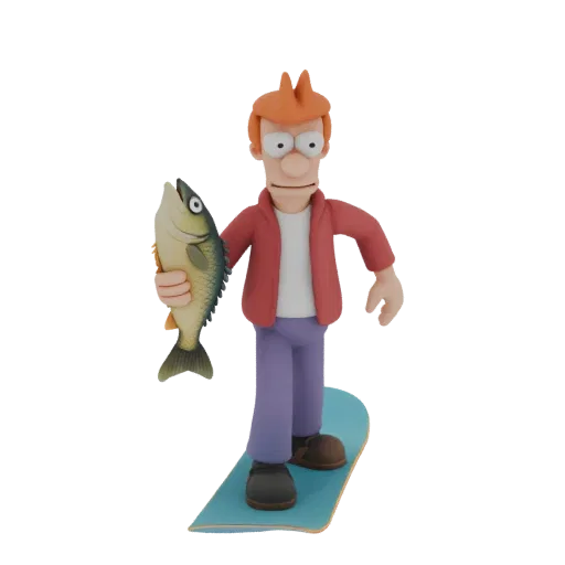 3D model of Futurama's Fry on snowboard with fish, wearing red jacket and blue pants