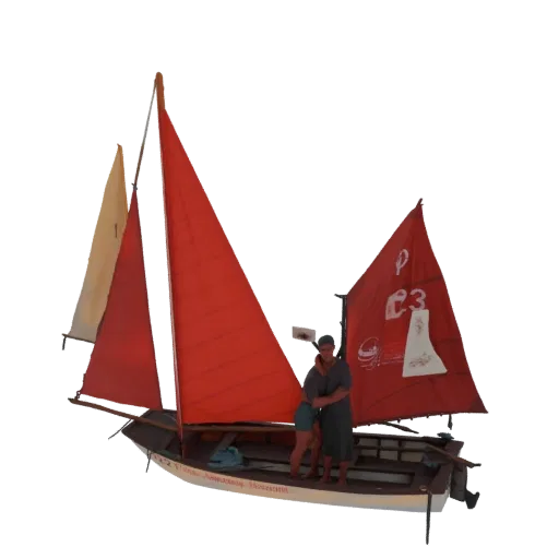 3D render of a vintage sailboat with red and tan sails, featuring two small figures on deck, against a black background.