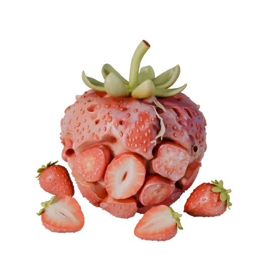 Sliced Strawberry Basket Product Viz 3D model, three-quarter studio product render, showing skin pores, form detail.